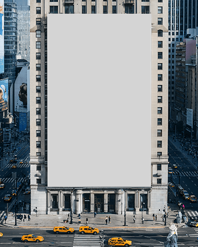 Giant Urban Banner Mockup On Historic Building In Busy Cityscape Perfect For High Impact Advertising And Brand Visibility
