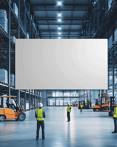 Large Industrial Warehouse Banner Mockup With Workers And Forklifts Perfect For Logistics And Safety Advertising