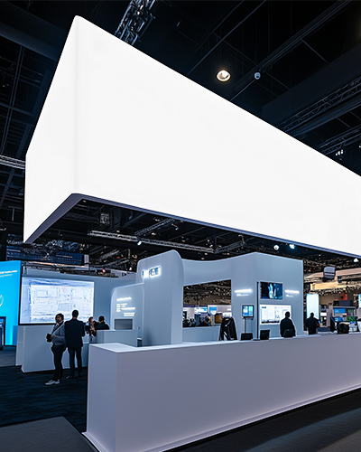 Trade Show Hanging Banner Mockup Large Rectangular Display At Modern Expo Booth With High Tech Lighting And Attendees