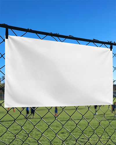 Sports Field Fence Banner Mockup Outdoor Advertising On Metal Mesh With Clear Blue Sky And Players In Background