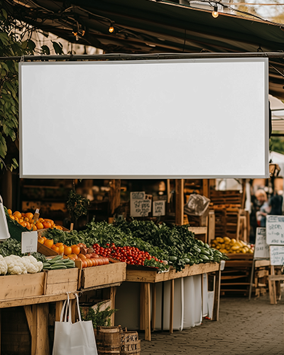Farmers Market Banner Mockup Hanging Above Fresh Produce With Rustic Wooden Stalls And Cozy Ambient Lighting