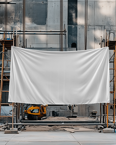 Construction Site Banner Mockup Secured To Scaffolding With Industrial Equipment In The Background Rugged And Urban Theme
