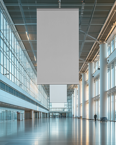 Large Vertical Banner Mockup Hanging In Modern Glass Exhibition Hall Bright Industrial Space With Reflections And Depth