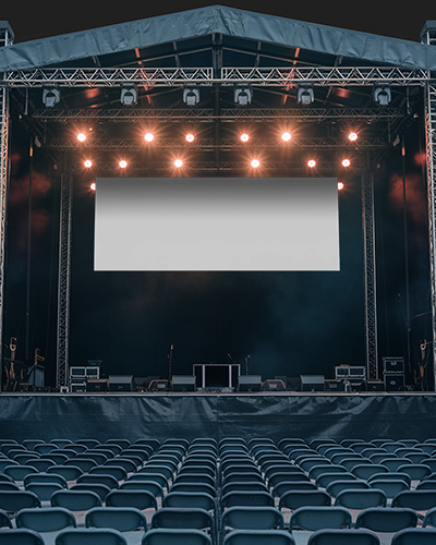 Concert Stage Banner Mockup With Empty Seating And Spotlights Nighttime Performance Setup Outdoor Event Display