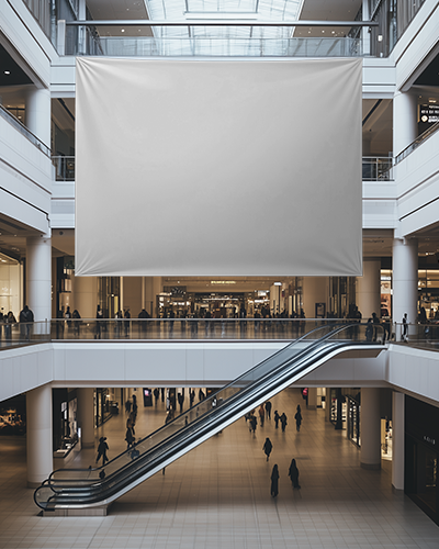 Large Shopping Mall Banner Mockup Hanging Above Escalator In Modern Retail Center With Shoppers And Natural Light