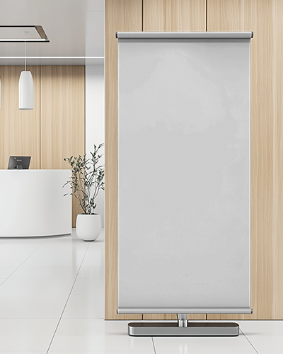 Indoor Roll Up Banner Mockup In Modern Office Lobby With Wood Paneling White Reception Desk And Minimalist Decor