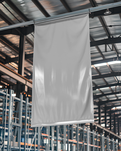 Industrial Warehouse Banner Mockup Hanging From Metal Beams With Shelves And Steel Structure Modern Logistics Environment