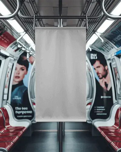 Modern Subway Banner Mockup Center Hanging Blank Poster Inside Train With Advertisements And Metal Poles Urban Transit Setting