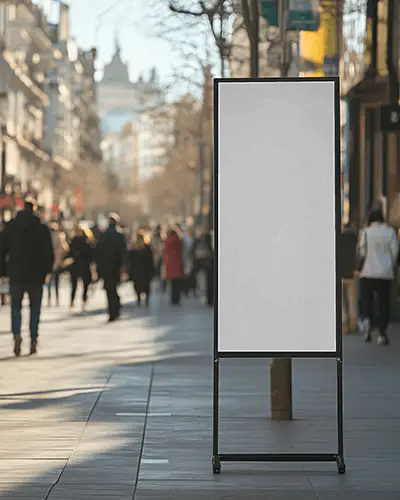 Urban Street Sign Mockup Vertical A Frame Poster On Busy Shopping Walkway With Blurred Pedestrians And Sunny Afternoon Lighting