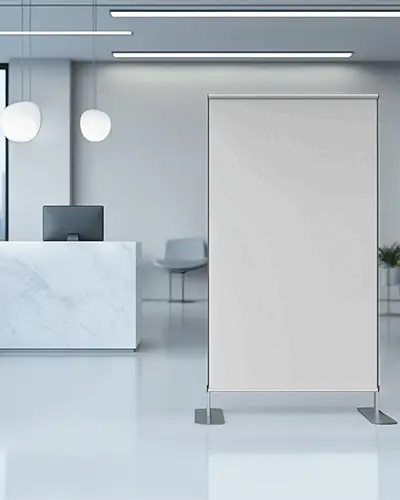 Modern Office Banner Mockup Vertical Roll Up Standee In Minimal Reception Area With Marble Desk Clean Corporate Interior Lighting