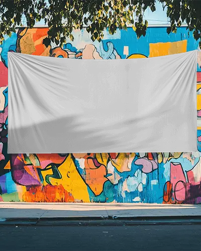 City Street Banner Mockup Vertical Hanging Sign Outside Modern Building With Glass Reflections And Pedestrians In Daylight