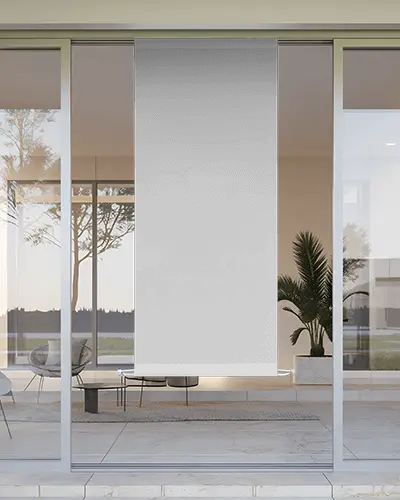 Modern Villa Banner Mockup Vertical Fabric Hanging In Minimal Glass Living Room With Indoor Plants And Sunset Reflections Luxury Home Vibe