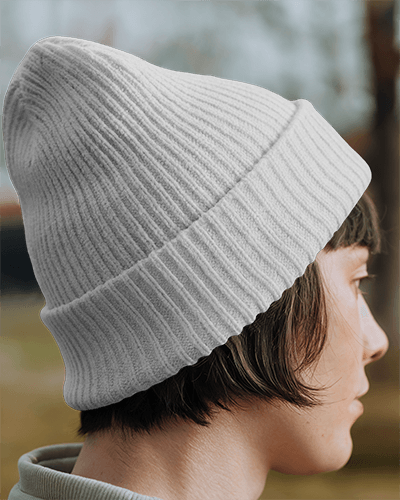 Outdoor Close Up Beanie Mockup Red Knit Hat With Bold Graphic Designs Side Profile Of Person In Natural Light