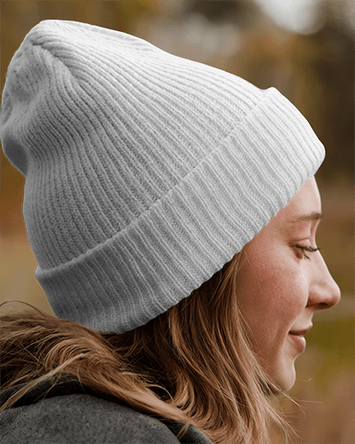Autumn Outdoor Beanie Mockup Purple Knit Hat With Running Club Design Smiling Female Model In Natural Light