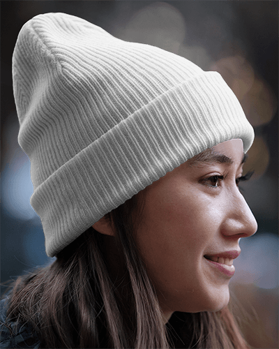 Streetwear Aesthetic Beanie Mockup Neon Green Knit Hat With Bold Graphic Designs Smiling Female Model In Urban Setting