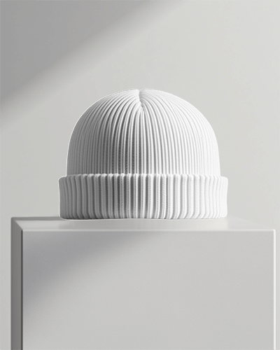 Contemporary Fashion Beanie Mockup With Dual Branded Graphic Elements