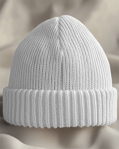 Textured Orange Knit Beanie Mockup Soft Draped Fabric Background Embroidered Japanese Gate And Panther Design Bold And Cultural Theme