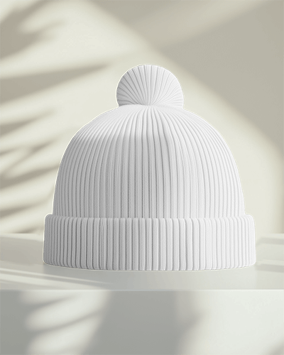 Sunlit Green Pom Pom Beanie Mockup Soft Shadow Play On White Surface Vibrant And Playful Design Casual And Energetic Aesthetic