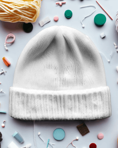 Beanie On Table Flatlay With Stitching Materials In Background