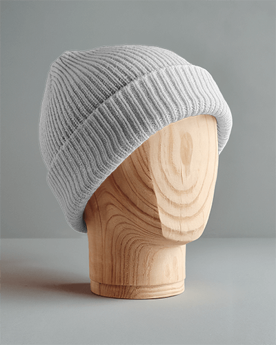 Turquoise Knit Beanie Mockup Wooden Mannequin Display Minimalist Gray Background Embroidered Coffee And Positive Vibes Design
