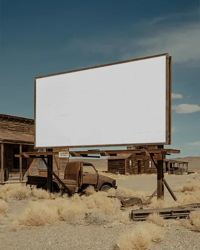 Abandoned Desert Billboard Mockup Old Truck Dry Bushes Rustic Wooden Buildings Background