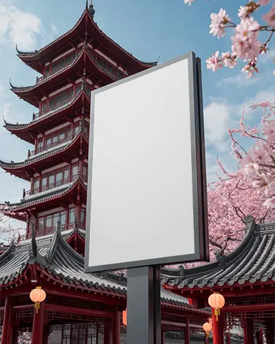 Blank Vertical Billboard Mockup In Traditional Asian Architectural Setting For Advertising