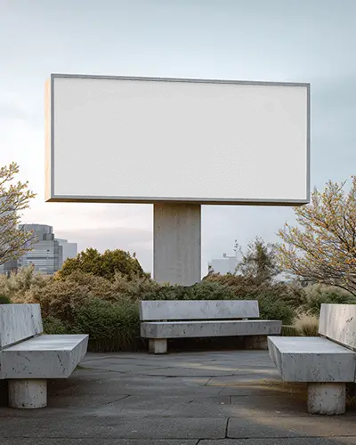 urban-park-billboard-mockup-garden-benches-trees-evening-skyline-nature-meets-cityscape