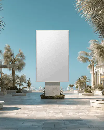 seaside-promenade-billboard-mockup-palm-trees-blue-sky-sunny-luxury-plaza-modern-beachfront