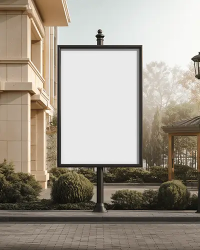 vintage-street-pole-billboard-mockup-classic-streetlamp-suburban-villa-garden-soft-sunrise-light