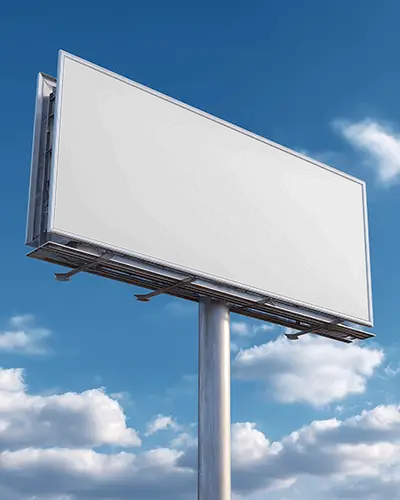tilted-billboard-mockup-clear-blue-sky-background-puffy-clouds-silver-frame-perspective-view