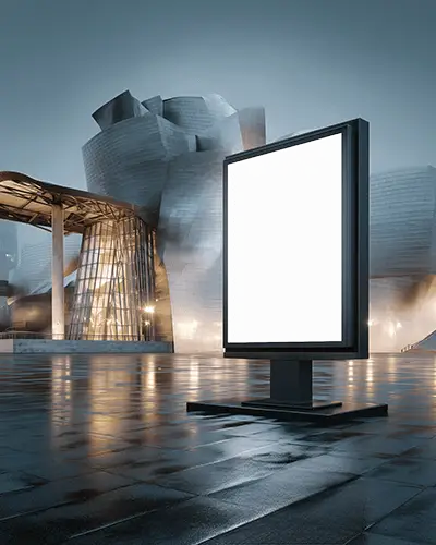futuristic-museum-billboard-mockup-metallic-architecture-evening-rainy-reflection-modern-art