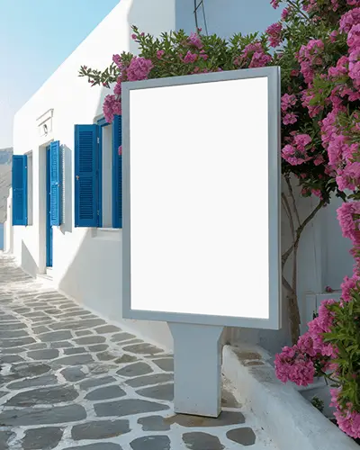 greek-island-outdoor-street-billboard-mockup-white-walls-blue-shutters-and-blooming-bougainvillea