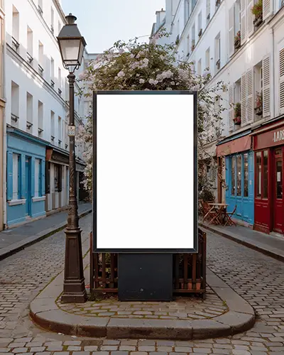 cobblestone-paris-alley-vertical-billboard-mockup-romantic-vintage-lamp-post-with-colorful-cafes