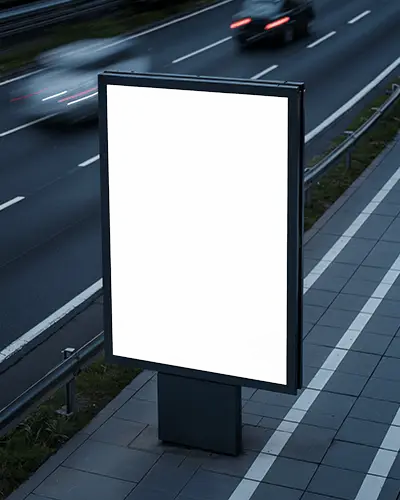 roadside-vertical-billboard-mockup-motion-blurred-cars-with-roadside-walkway-and-rails