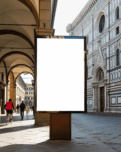 street-vertical-billboard-mockup-cyclist-pedestrians-and-sunlit-cathedral-view