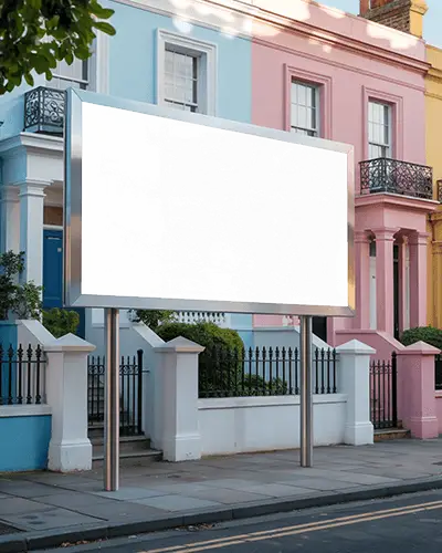pastel-townhouse-street-horizontal-billboard-mockup-colorful-homes-and-metal-frame-poster-display