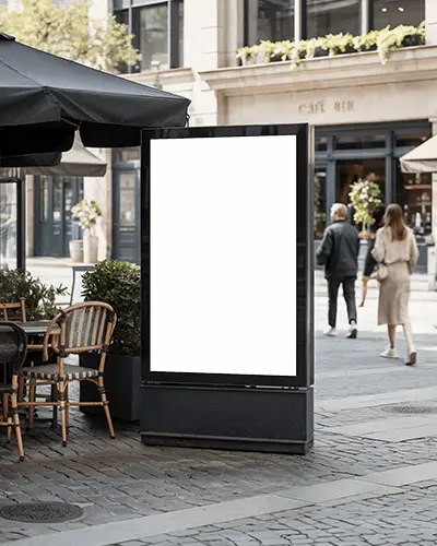 european-street-vertical-billboard-mockup-sidewalk-scene-with-chairs-umbrellas-and-shoppers