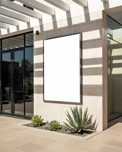 Modern Outdoor Billboard Mockup For Advertising On Tiled Wall With Glass Door Entrance 0557