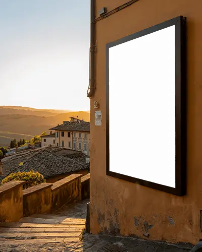 Sunset Street Billboard Mockup On Building Wall Overlooking Scenic Town Hillside
