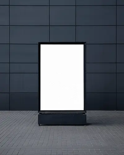 Modern Minimal Billboard Mockup Vertical Display Against Dark Tiled Building Wall