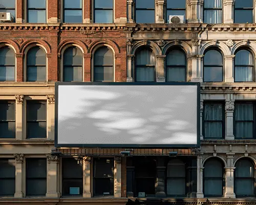 Billboard Mockup Mounted On Classic Architecture Wall In Busy Urban District