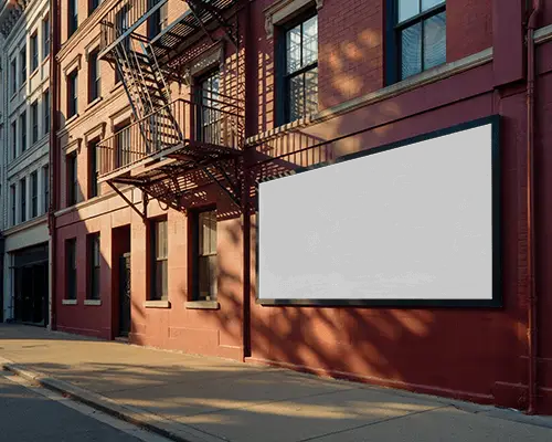Urban Billboard Mockup On Red Brick Building Wall With Fire Escape In City Street