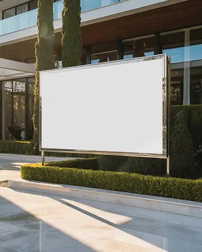 Luxury Billboard Mockup Outdoor Display In Garden Area Of Modern Villa With Sunlight And Trees