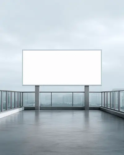 Minimal Billboard Mockup On Rooftop Terrace With City Skyline View Under Overcast Sky Background