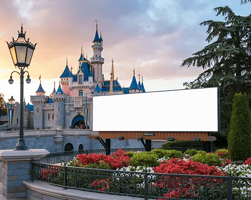 Fantasy Themed Billboard Mockup In Front Of Castle With Garden Flowers During Magical Sunset