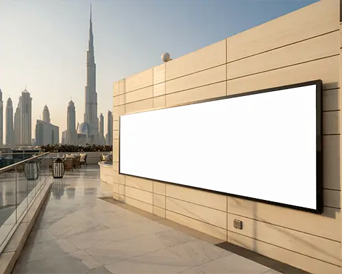 Premium Billboard Mockup On Terrace With Dubai Burj Khalifa View In Modern Sunset Cityscape