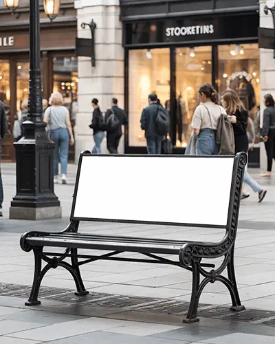 Urban Bench Billboard Mockup In Busy Shopping Street With Pedestrians And Storefront Background