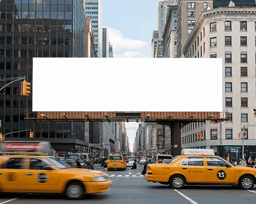 Blank Large Billboard Mockup On Urban Street With Moving Yellow Taxis And Modern Highrises