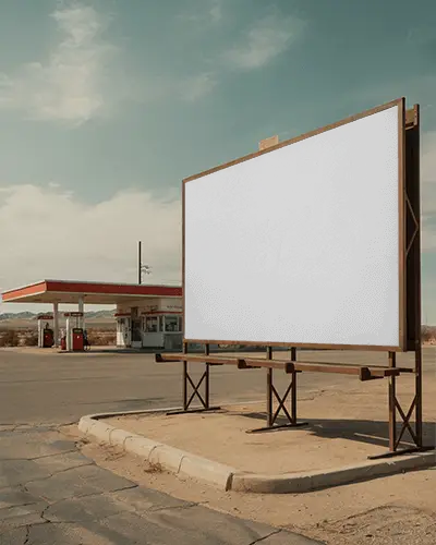 Outdoor Roadside Billboard Mockup Advertising Space With Vintage Gas Station Background