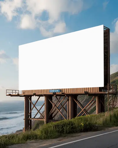 Roadside Billboard Mockup With Mountain And Seaside View Under Sunset Cloudy Sky